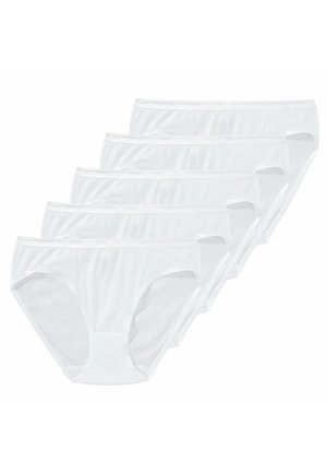 Weiße Baumwollslips, fünf Paar, mit glatter Textur, niedriger Taille und elastischem Bund. Minimalistischer Stil ohne Muster.