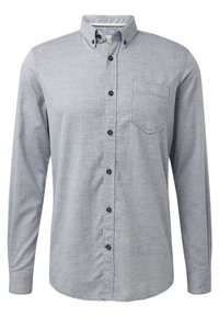 Camicia a maniche lunghe grigio chiaro con bottoni, colletto con bottoni e una tasca sul petto, mostrata su sfondo bianco semplice.
