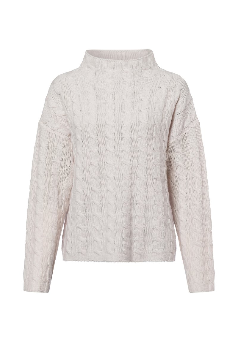 Hellrosa Kabelstrickpullover mit hohem Kragen, langen Ärmeln und strukturiertem Muster in der gesamten Verarbeitung. Weicher, dehnbarer Stoff mit lässiger Passform.
