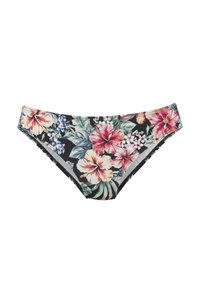 Lille mustriga bikiinipüksid mustal taustal, kus on roosa ja sinine hibiski õied. Valmistatud venivast kangast, millel on sile tekstuur.