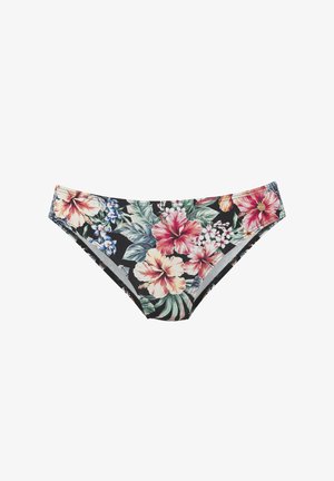 Ziedu bikini apakšdaļa ar melnu fona, kurā ir rozā un zilu hibiska ziedu motīvi. Izgatavota no elastīgas auduma ar gludu tekstūru.