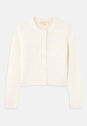 Cream-colored knitted cardigan with a round neck, five buttons, ribbed cuffs, and two front pockets. Smooth texture, cropped design.