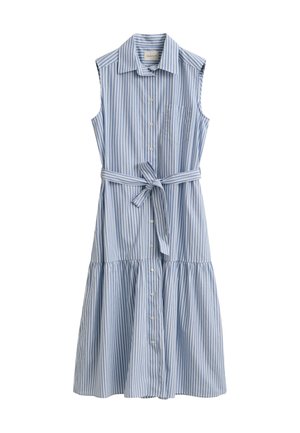 Robe sans manches à rayures verticales bleues et blanches, boutonnée, avec col, poche poitrine, ceinture assortie et jupe froncée.