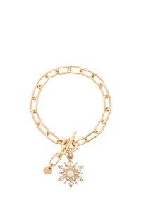 Gouden armband met rechthoekige schakels en een sneeuwvlokvormige hanger versierd met kleine kristallen en een centrale ronde edelsteen.