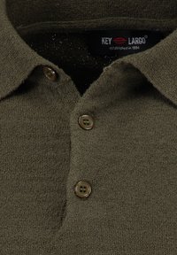 Olivgrünes Polohemd aus strukturiertem Stoff mit Kragen, versehen mit drei braunen Knöpfen und einem kleinen Markenetikett nahe dem Ausschnitt.