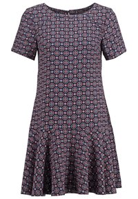 Abito a maniche corte di colore blu navy con un motivo floreale circolare in rosso e bianco, design a-line svasato e tessuto morbido e leggero.