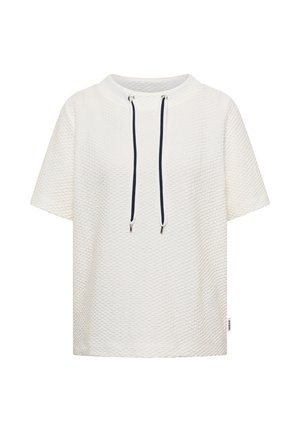 Witte kortärmelig hoodie met textuur, zwarte bies aan de trekkoorden en een klein zijlabel aan de rechterzoom.