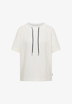 Witte kortärmelig hoodie met textuur, zwarte bies aan de trekkoorden en een klein zijlabel aan de rechterzoom.