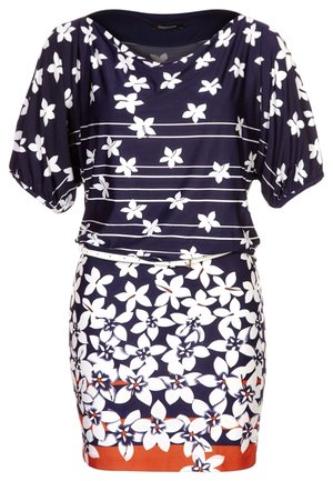 Marine-Kleid mit weißem Blumenmuster, kurzen Ärmeln und taillierter Silhouette. Verfügt über horizontale weiße Streifen und einen orangefarbenen Akzent am Saum.