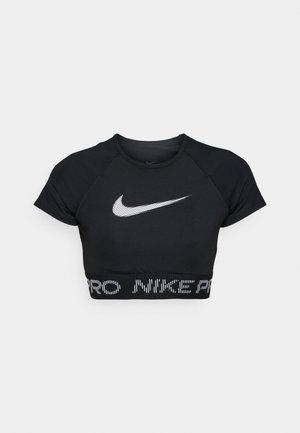 Schwarzes, kurzes Sportoberteil mit kurzen Ärmeln, das ein weißes Nike-Logo und ein schwarzes Band mit dem Schriftzug "PRO NIKE" am unteren Ende aufweist.