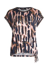 Rövid ujjú póló tengerészkék, rózsaszín és barna állatmintával. Csillogó arany betűzéssel és állítható zsinóros szegéllyel rendelkezik.