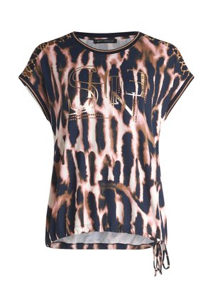 Tričko s krátkým rukávem v námořnické modré, růžové a hnědé zvířecí potisk. Obsahuje lesklé zlaté písmo a šňůrku na spodním lemu pro nastavitelnou velikost.