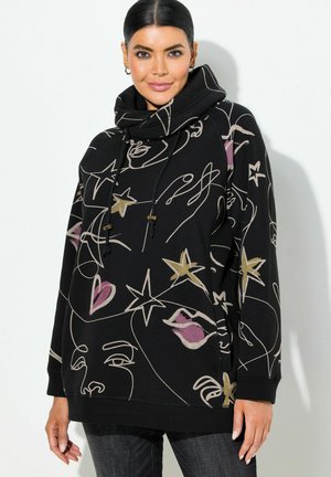 Sudadera negra con diseños abstractos en crema, dorado y rosa. Incluye un cuello alto, cierre con cordón y corte relajado.