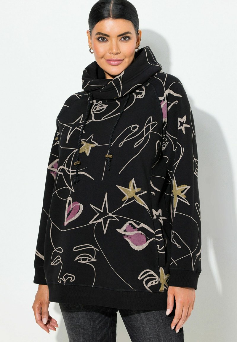 Hoodie noir avec des motifs abstraits en crème, or et rose. Comprend un col haut, une fermeture à cordon et une coupe décontractée.
