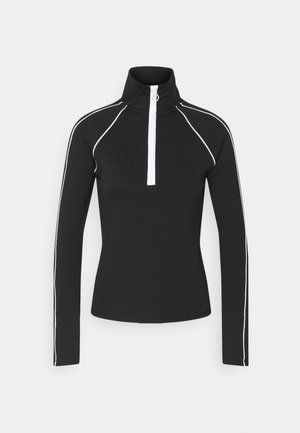 Czarny long-sleeve top z białym wykończeniem na rękawach i ramionach, wyposażony w wysoki kołnierz oraz biały półzamek z pierścieniowym suwakiem.