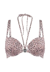 Top bikini in stampa leopardata con coppe imbottite, spalline sottili e un accento decorativo al centro. Il tessuto presenta una texture morbida e una miscela di beige e marrone.