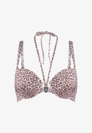 Bikini top s leopardím potiskem, polstrovanými košíčky, tenkými popruhy a dekorativním středovým akcentem. Tkanina má jemnou texturu a směs béžové a hnědé barvy.