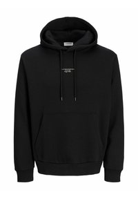 Czarna bluza z kapturem, kangurkową kieszenią z przodu, sznurkami i niewielkim białym napisem na środku klatki piersiowej.