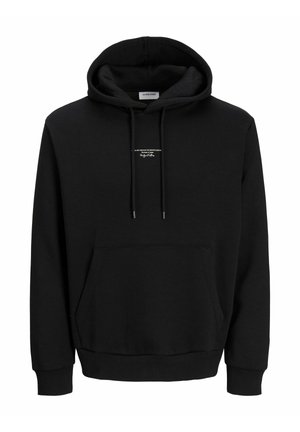 Sweat à capuche noir avec poche kangourou à l'avant, cordons de serrage et petit texte blanc centré sur la poitrine.