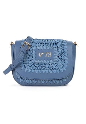 Borsa a tracolla in pelle blu con dettagli intrecciati, tracolla regolabile, fibbia dorata e logo "V°73" in rilievo sulla patta frontale.