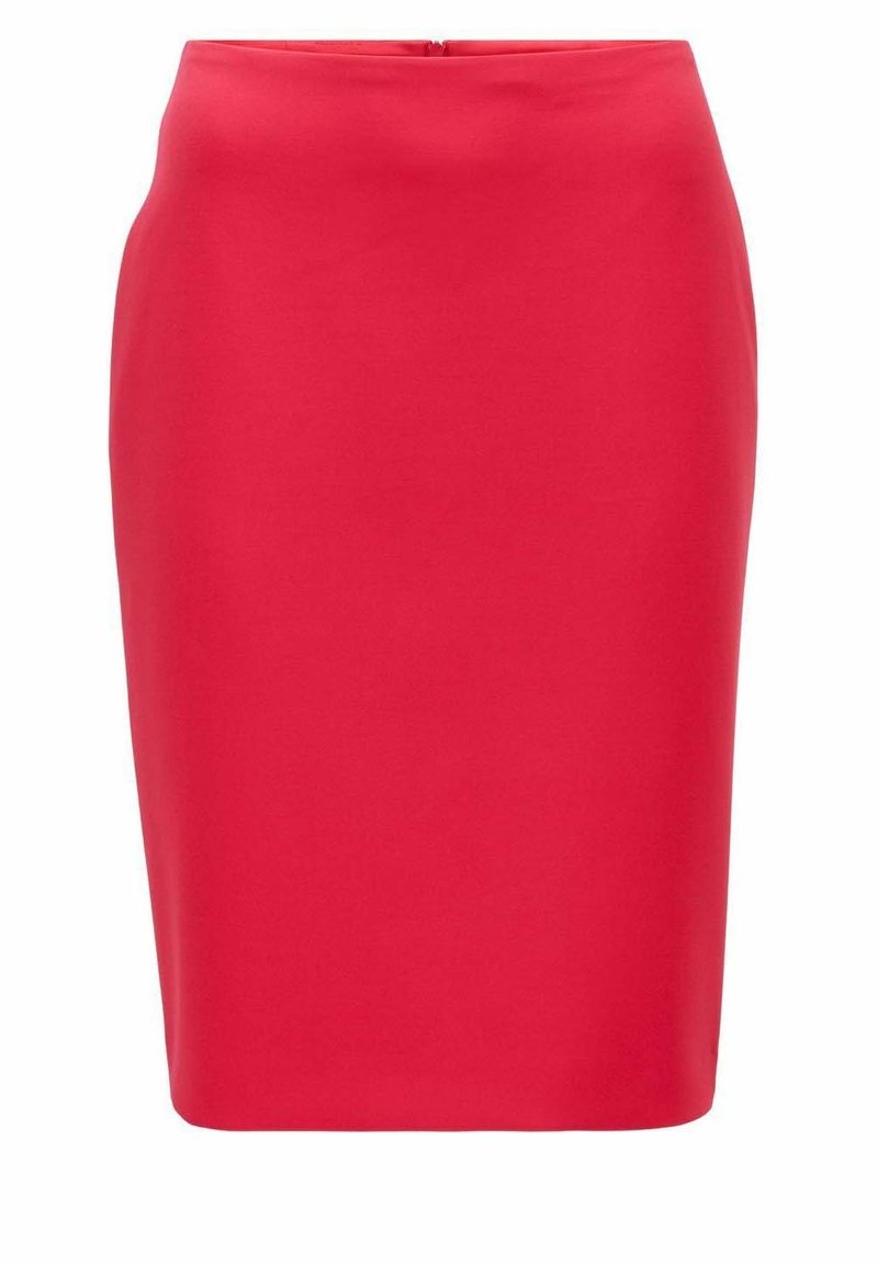 Jupe crayon rouge taille haute avec fermeture éclair arrière, longueur genou, en tissu lisse.
