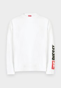 Felpa bianca con scollo tondo, con logo "DIESEL" rosso e nero sulla manica sinistra. Realizzata in tessuto morbido e liscio.