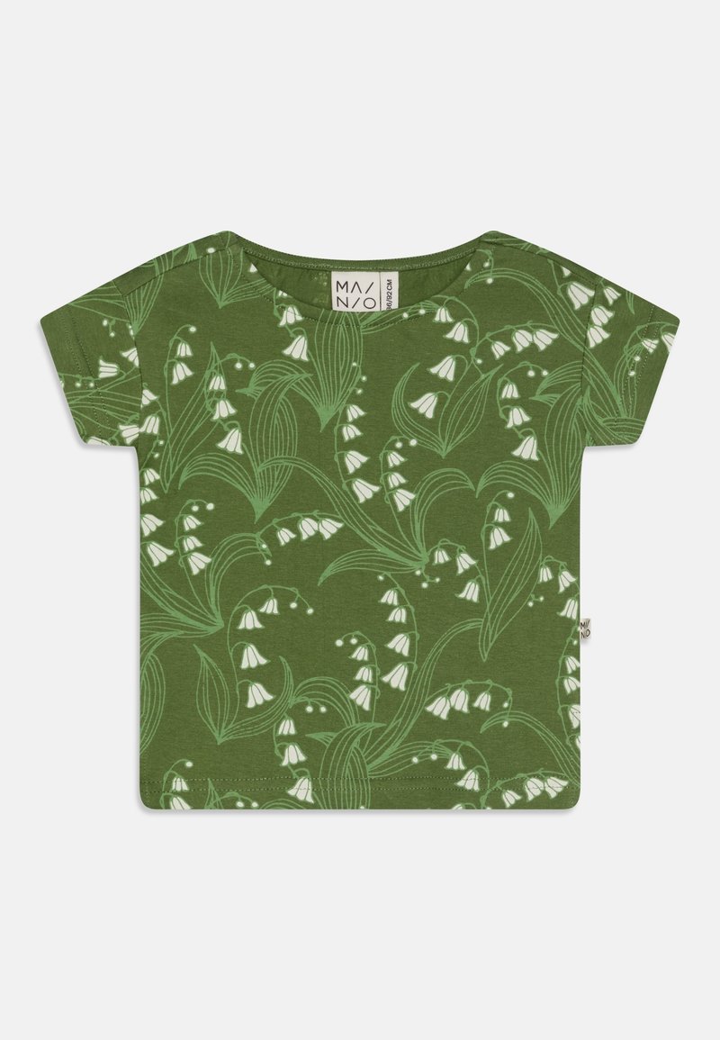 T-shirt vert à manches courtes pour tout-petit avec motif floral de muguet blanc et encolure arrondie.
