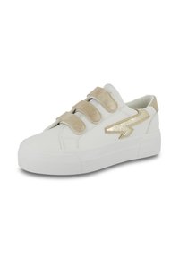 Sneaker bianco con tre cinturini in velcro e un accento a forma di fulmine in glitter oro. Realizzato in materiale sintetico liscio con una suola testurizzata.