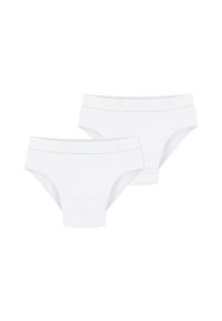 Mutande bianche in cotone con una morbida vita elastica decorata da un logo discreto, progettate in una forma classica. Due pezzi esposti.