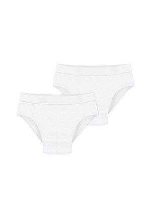 Mutande bianche in cotone con una morbida vita elastica decorata da un logo discreto, progettate in una forma classica. Due pezzi esposti.