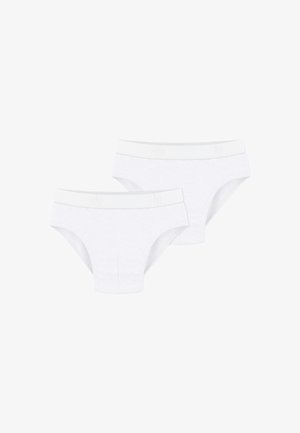 Witte katoenen slips met een zachte elastische tailleband en een subtiele logo, ontworpen in een klassieke slipvorm. Twee stuks weergegeven.