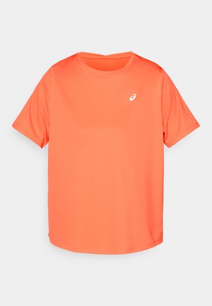 Kurzes ärmeliges Sportshirt in leuchtendem Orange, aus glattem, leichtem Material gefertigt. Mit einem kleinen weißen Logo auf der Brust.