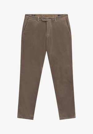 Braune Cordhosen mit geradem Schnitt, mit vertikalen Rippungen, Seitentaschen und einem Knopfverschluss am Bund.