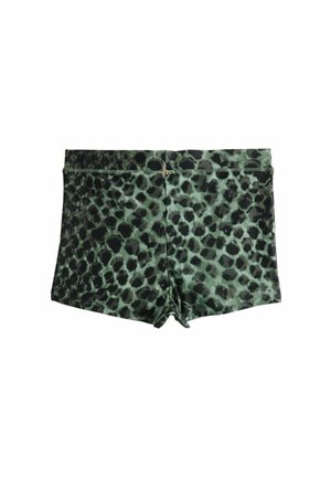 Leopardenmuster-Shorts in Grün und Schwarz, aus dehnbarem Stoff gefertigt. Mit kurzem Schnitt und einem glatten Bund mit dekorativem Verschluss.