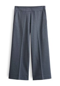 Pantalons larges en tissu gris foncé. Comprend une taille élastique, deux poches avant et une texture lisse avec un motif subtil.