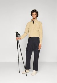 Bež pulover iz flisa s četrtinskimi zadrgami, kombiniran s črnimi delovnimi hlačami. Model drži pohodniško palico, obut v svetlo obarvane superge.