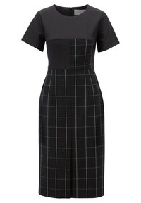 Černé šaty s krátkým rukávem, s jednobarevným vrškem a kostkovaným vzorem na spodní části. Materiál má hladkou texturu a vzadu se zapíná na zip.