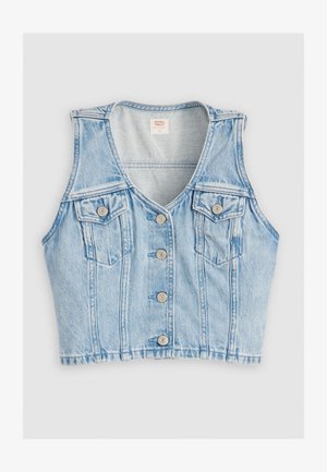 Hele sinine teksavest sügava V-kaelusega, neli esikotid, neli hõbedast nuppu ja kulunud äär. Tekstuuriga kangas, varrukateta disain.