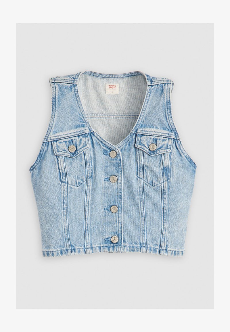 Jasnoniebieska kamizelka dżinsowa z głębokim dekoltem w kształcie V, czterema przednimi kieszeniami, czterema srebrnymi guzikami i postrzępionym dołem. Teksturowana tkanina, bez rękawów.