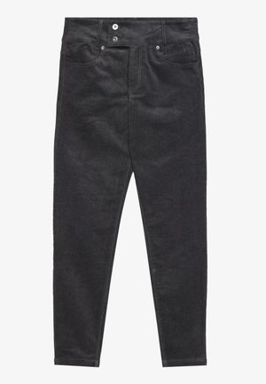 Zwarte corduroybroeken met een slim fit, voorzien van een ritssluiting, twee voorzakken en een subtiele textuur van de ribstof.