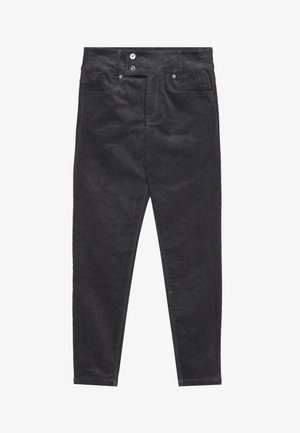 Black corduroy pants with a slim fit, featuring a zip fly, two front pockets, and subtle texture from the ribbed fabric.