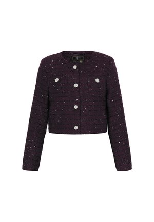 Lilla tweedjakke med et cropped design, prydet med vandrette striber, pyntet med fem perle-lignende knapper og to forlommer.