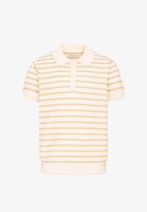 Polo à manches courtes avec rayures horizontales crème et beige clair, et patte de boutonnage.