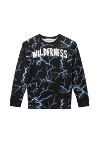 Felpa nera a maniche lunghe con motivo di fulmini blu elettrico e testo "WILDERNESS" sul davanti. Realizzata in tessuto morbido.