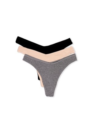 Trois paires de culottes en dentelle noires, chair et grises. Fabriquées en tissu doux avec une texture lisse et des bandes élastiques à la taille.