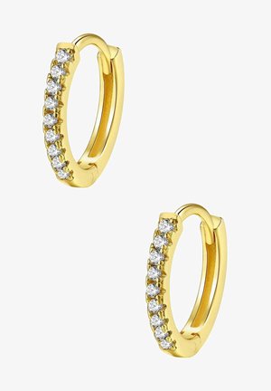 Pendientes de aro dorados con una fila de pequeños rhinestones redondos y claros a lo largo de un lado. Acabado metálico suave, forma circular.