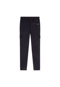 Zwarte joggingbroek van een zachte stof met een tailleband met trekkoord, zijzakken met klep en geribbelde boorden. Minimalistisch ontwerp zonder zichtbare patronen.