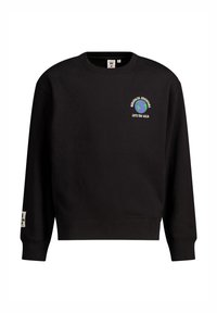 Mustapaitainen svetari, jossa on pyöreä pääntie, ja rintapaneelissa värikäs planeetta grafiikka ja teksti. Ohut ribattu hihansuiden ja helman viimeistely, rento istuvuus.