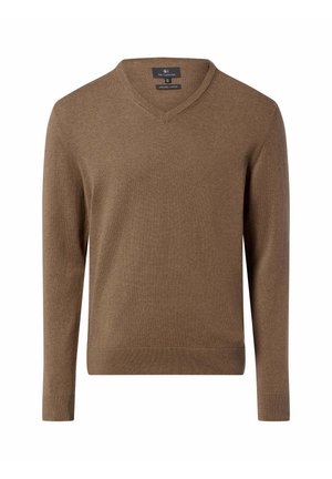 Brązowy sweter z dekoltem w serek wykonany z organicznej bawełny. Posiada długie rękawy, prążkowane mankiety oraz gładką teksturę. Prosty design bez wzorów.