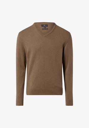 Brązowy sweter z dekoltem w serek wykonany z organicznej bawełny. Posiada długie rękawy, prążkowane mankiety oraz gładką teksturę. Prosty design bez wzorów.